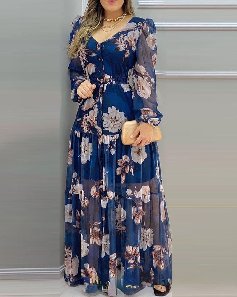 Vestido Feminino Suzi Estampa Floral Longo Com Manga Longa